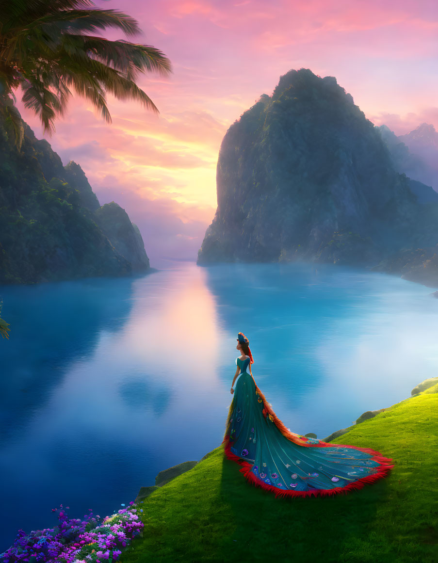 Woman in flowing gown on cliff overlooking serene lake at sunset