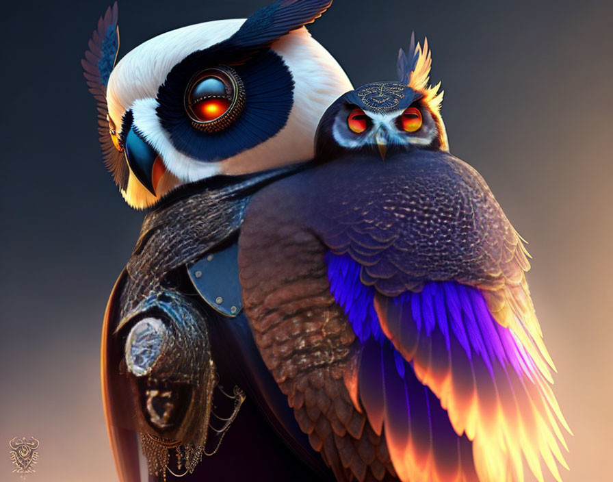 Vibrant digital artwork: two fantastical owls with colorful feathers and glowing eyes