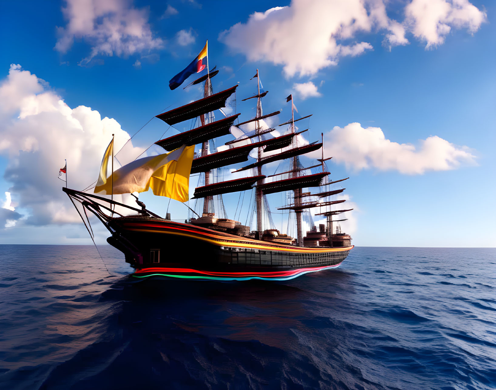 Majestic multi-masted sailing ship on calm ocean under fluffy clouds