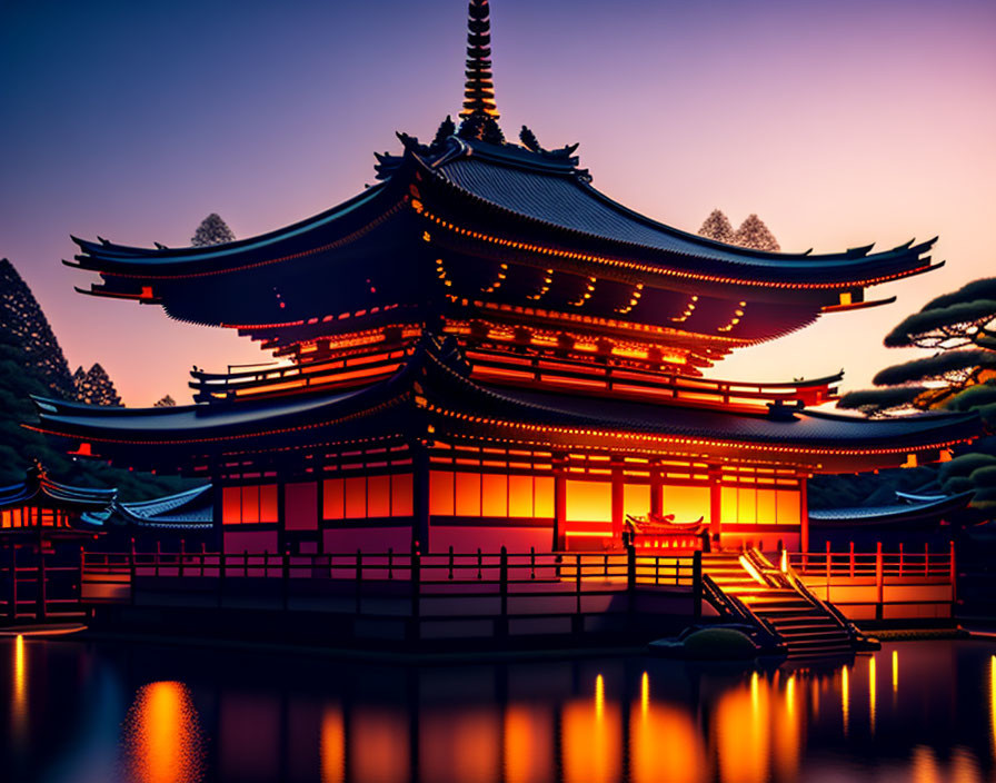 Japanese Temple Dusk Scene with Red Lanterns and Water Reflections