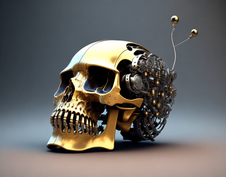 Golden Human Skull with Mechanical Components and Antenna