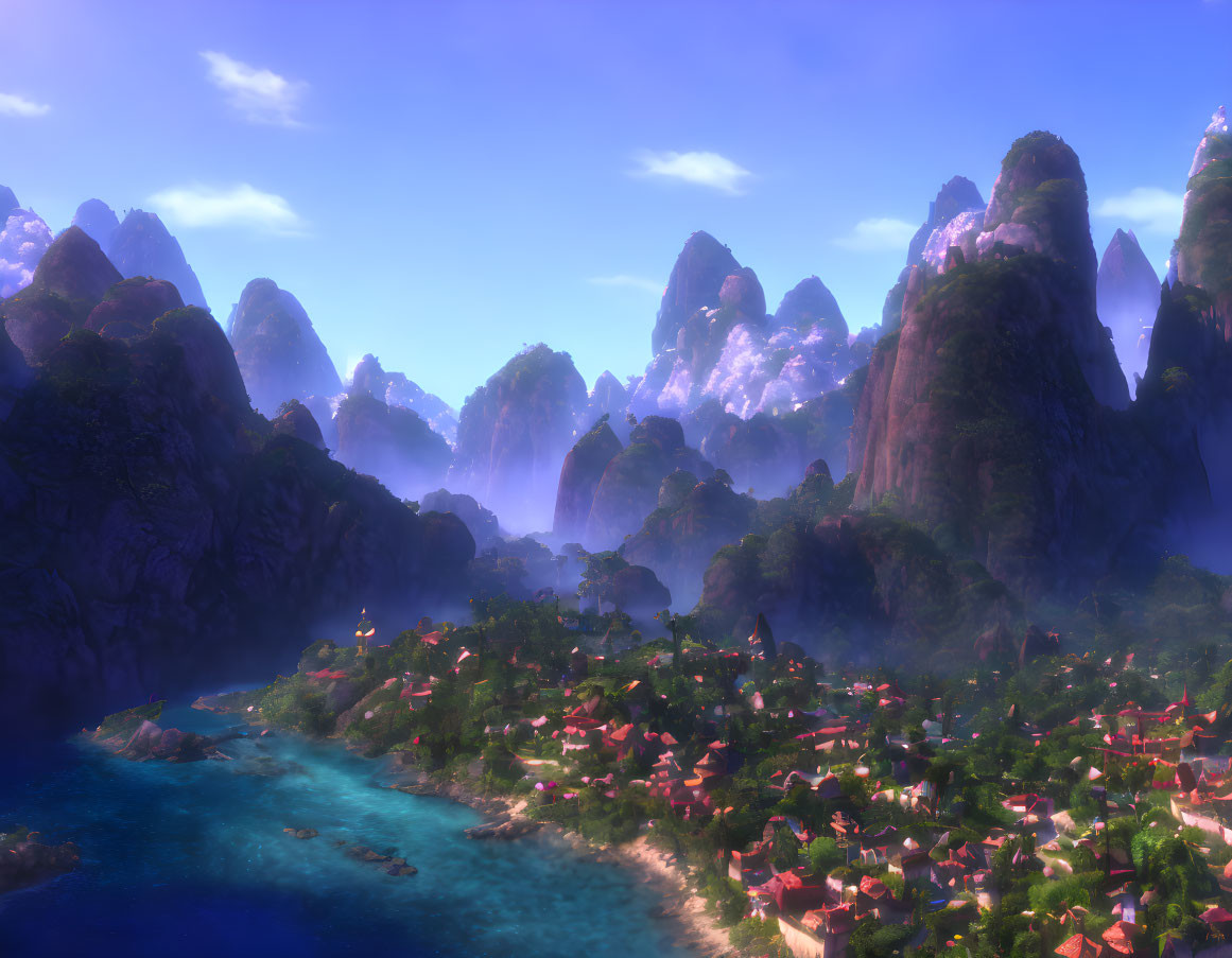 Fantasy landscape: serene village by sea, mountains, purple haze