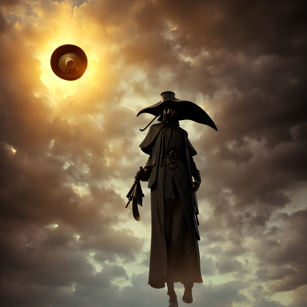 Silhouette of cloaked figure with sword under eclipse in dramatic sky