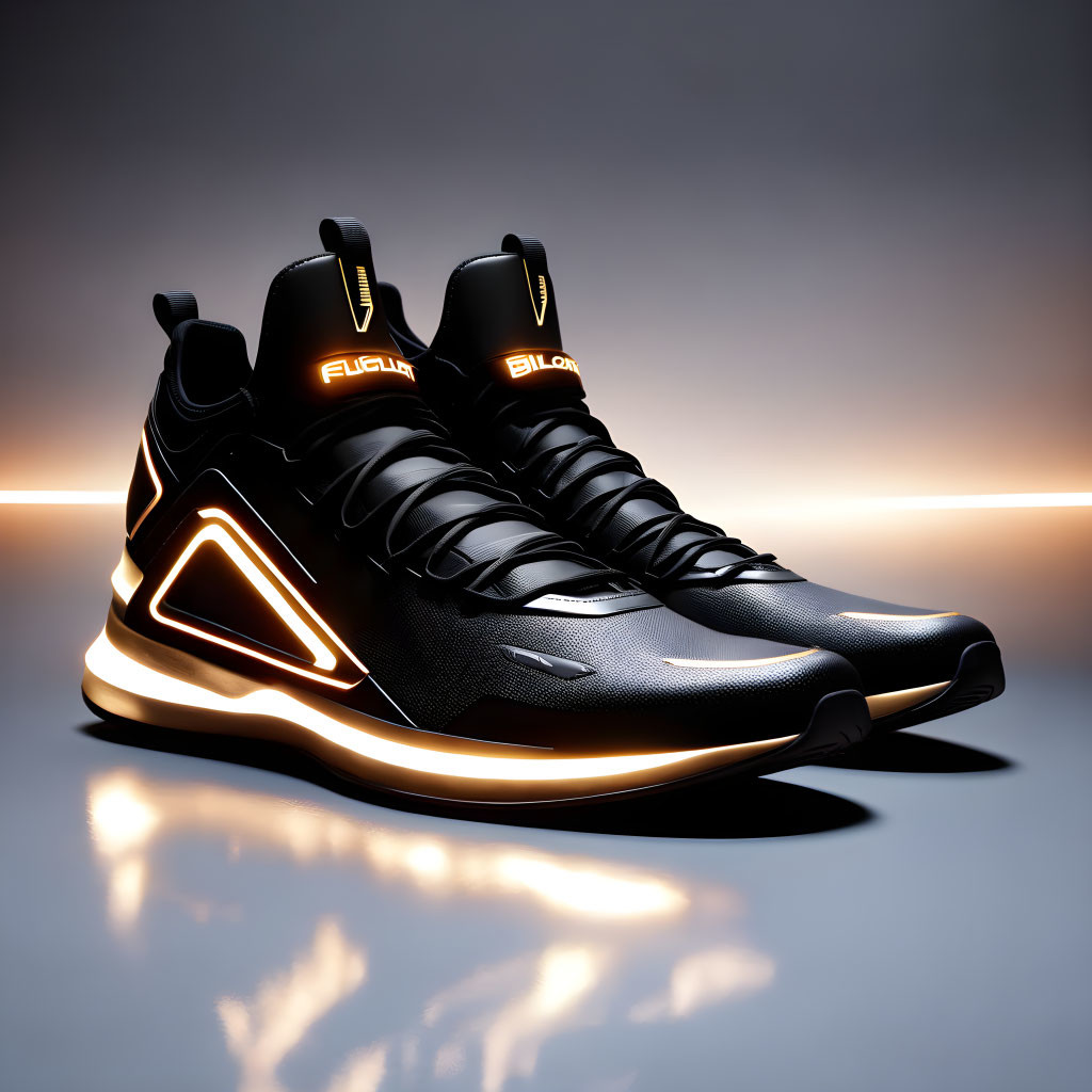 Black high-top sneakers with orange accents and illuminated contours on gradient background