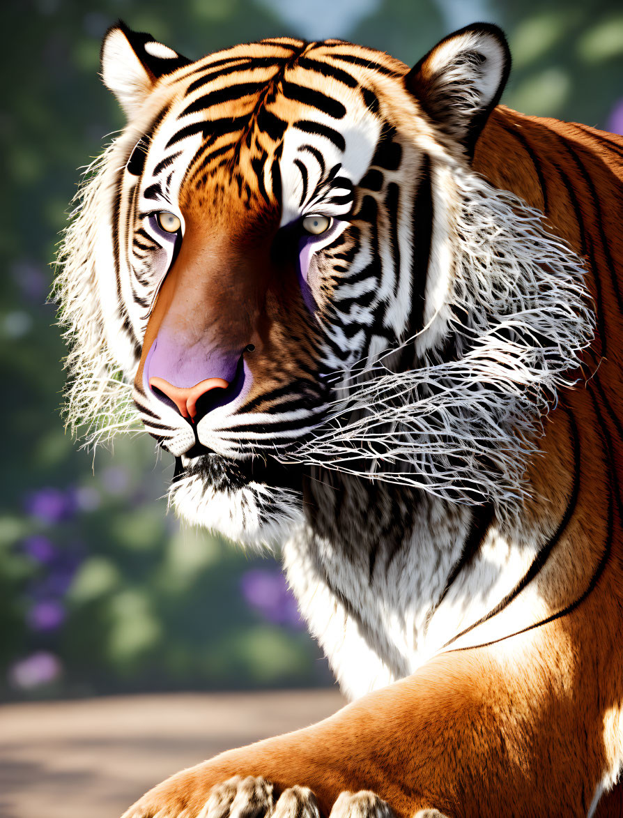 Detailed Tiger Face with Orange Fur and Black Stripes in Serene Greenery and Purple Flowers