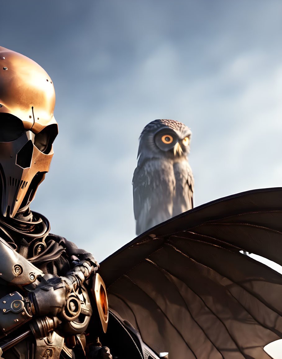 Golden robotic skull with mechanical body parts and owl against clear sky