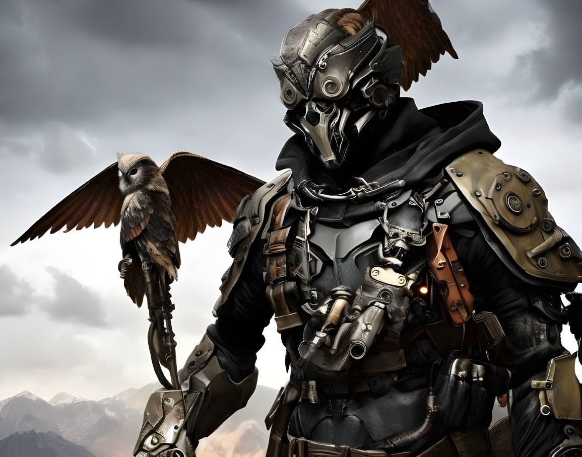 Robotic figure with bird-like mask and owl on arm against mountainous backdrop