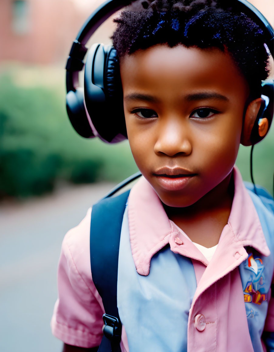 Young child in headphones and backpack outdoors with blue and pink shirt