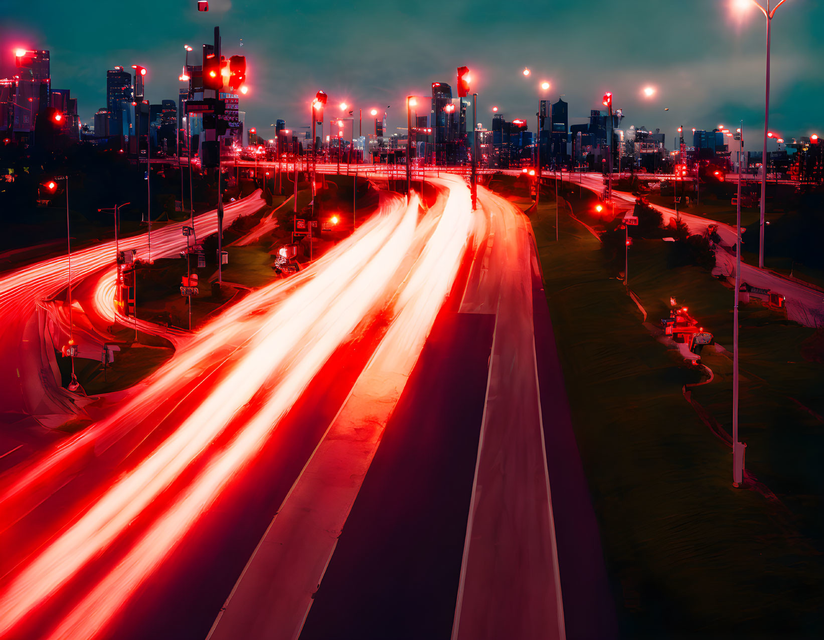 Urban night scene with long exposure light trails on highway