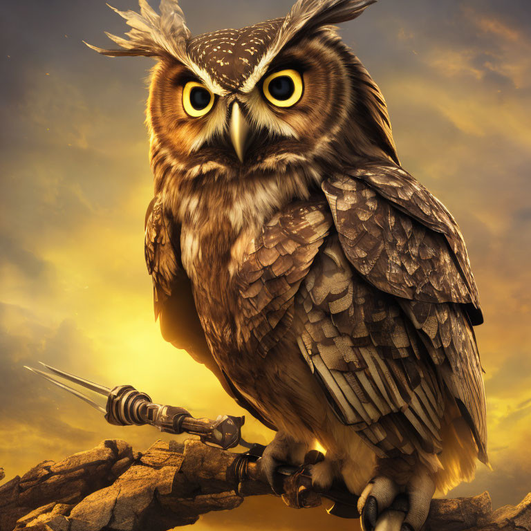 Majestic owl with yellow eyes holding sword on branch against golden sky