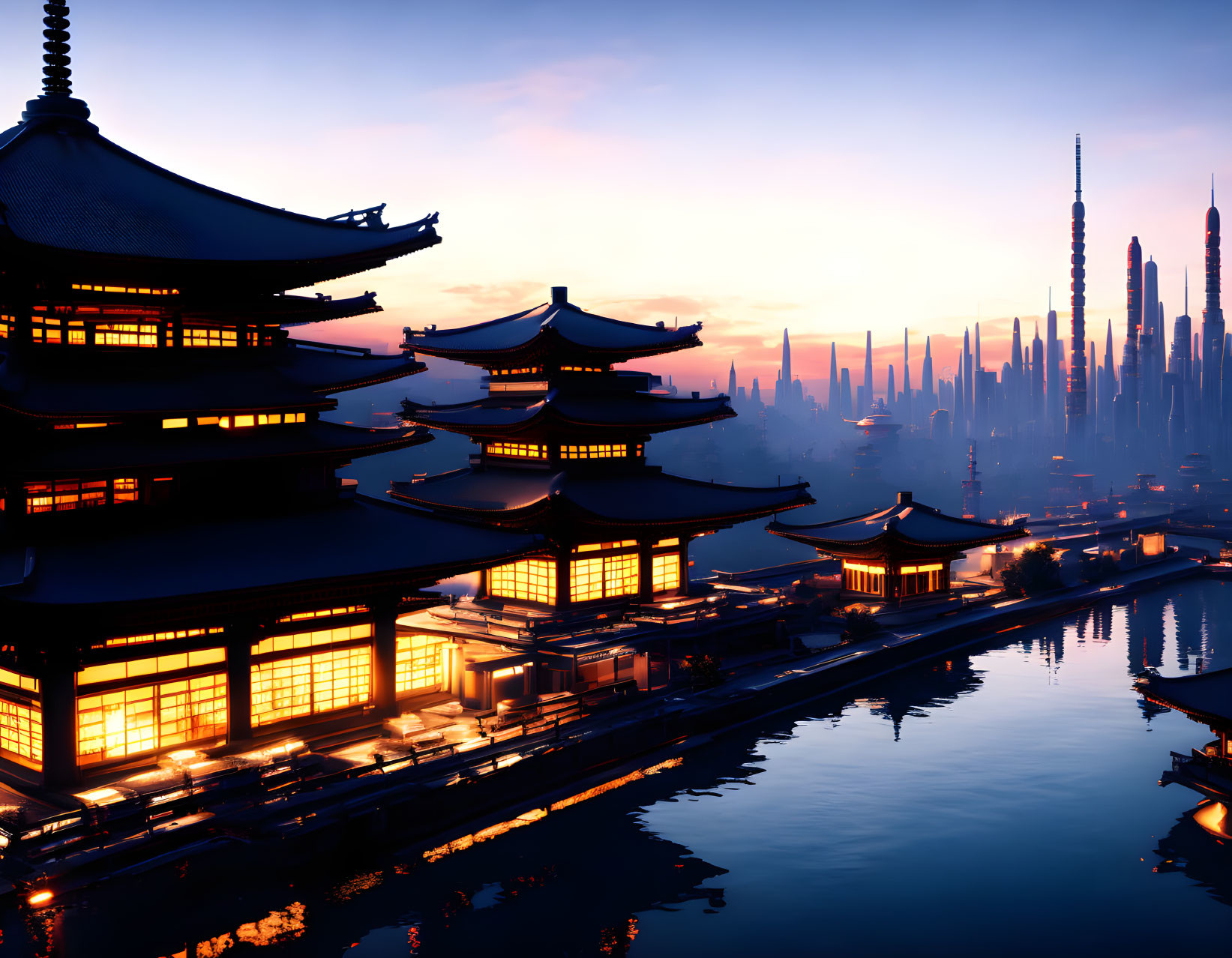 Japanese-style Buildings Illuminated by River at Dusk