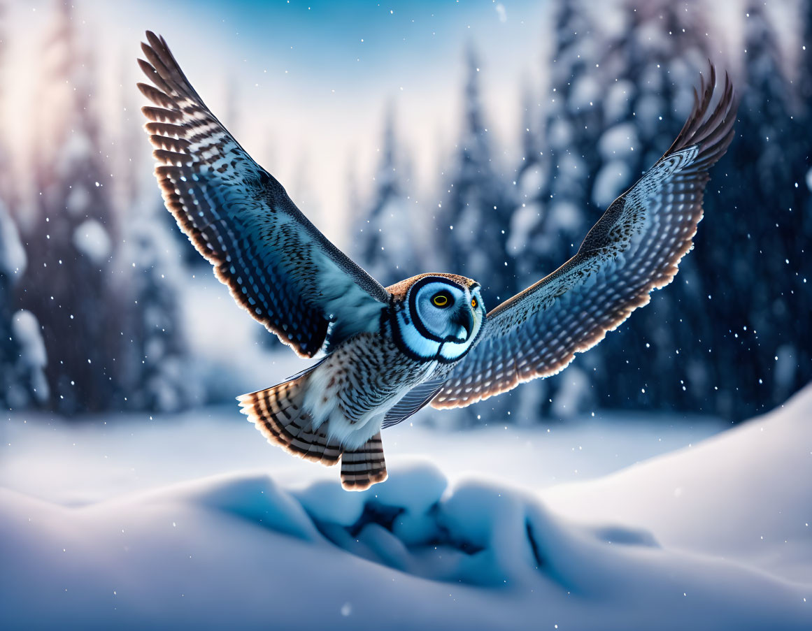 Owl flying over snowy forest landscape at twilight