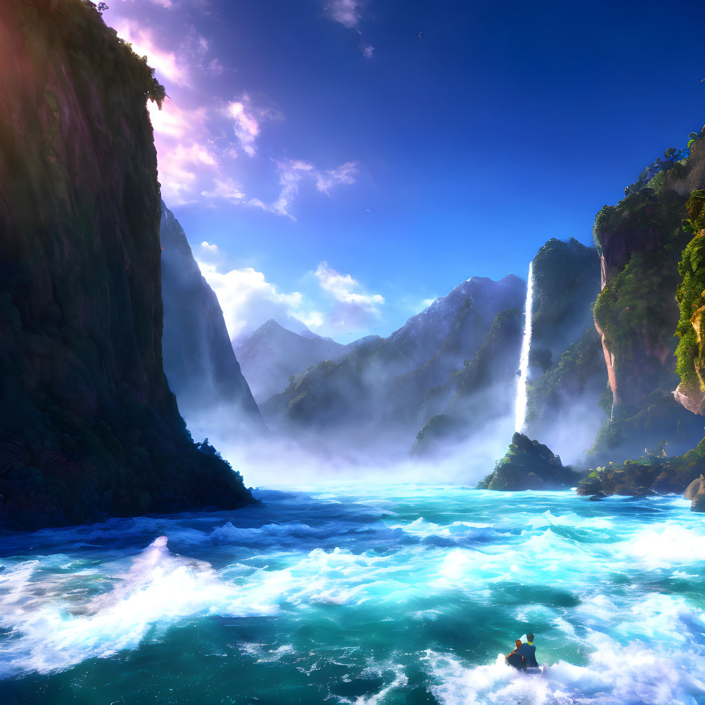 Majestic fantasy landscape with cliffs, waterfalls, mountains, and boat