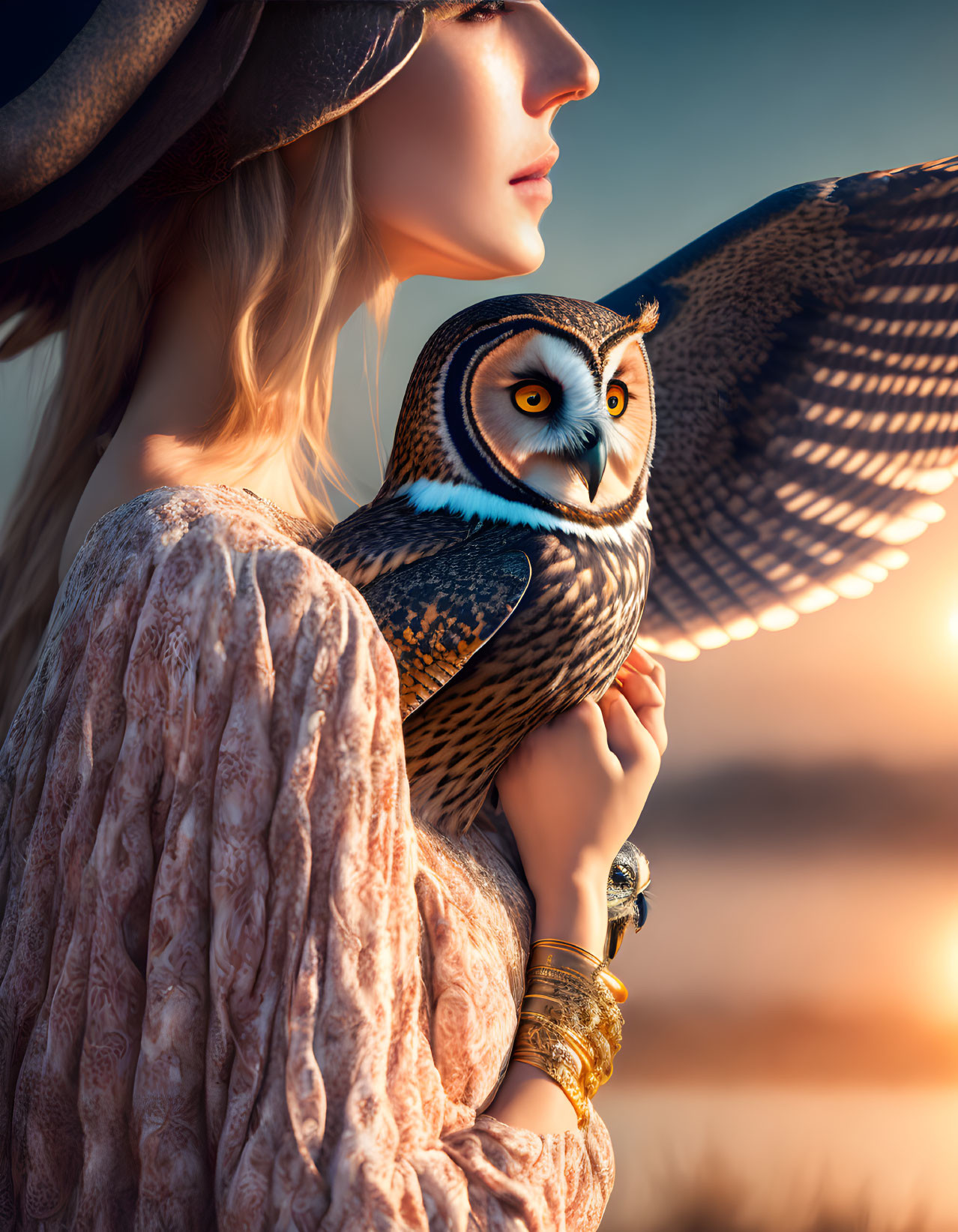 Woman in Bohemian Attire with Owl on Arm at Sunset