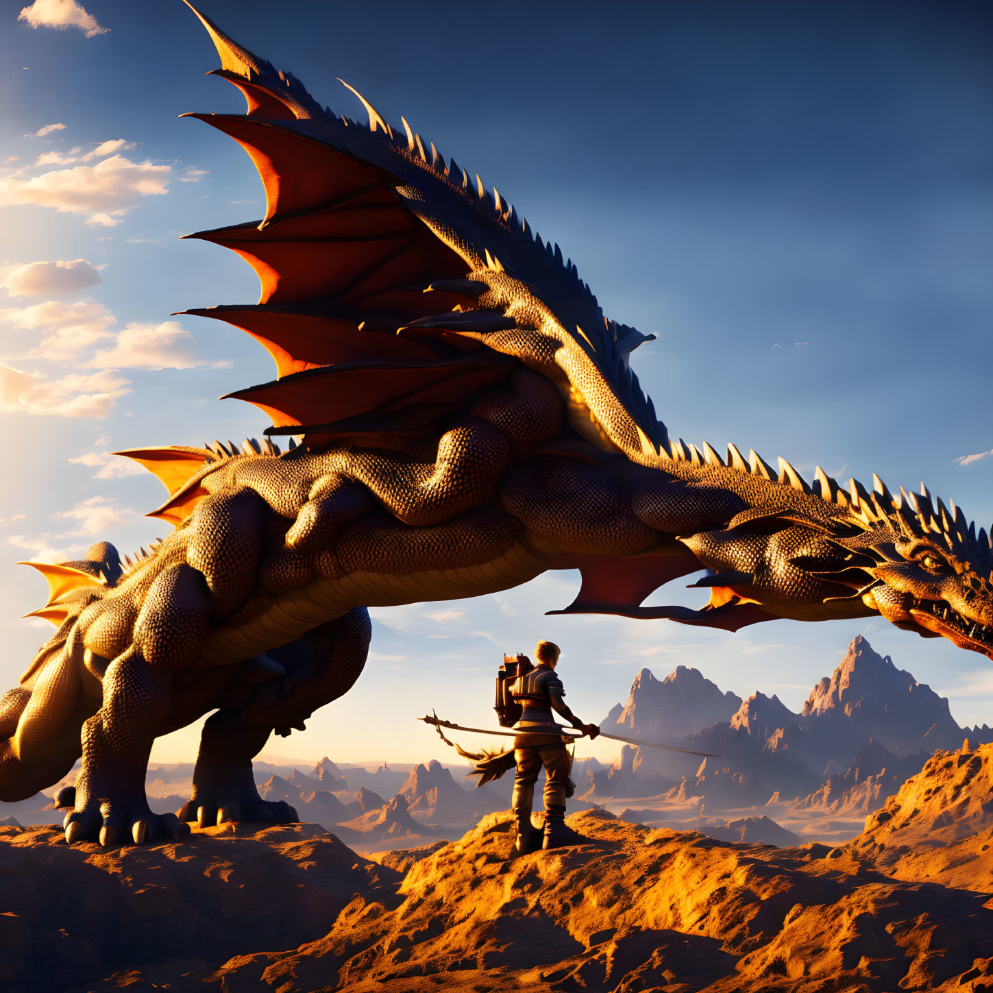 Person facing gigantic dragon on rocky terrain under sunset sky