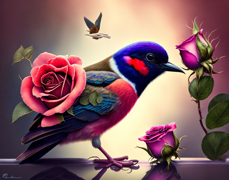 Colorful Bird with Blue, Purple, and Pink Feathers Beside Roses and Flying Bird on Gradient