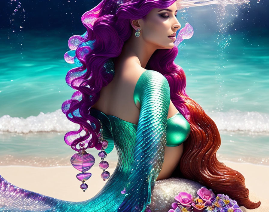 Mermaid with Purple and Auburn Hair on Beach Shore