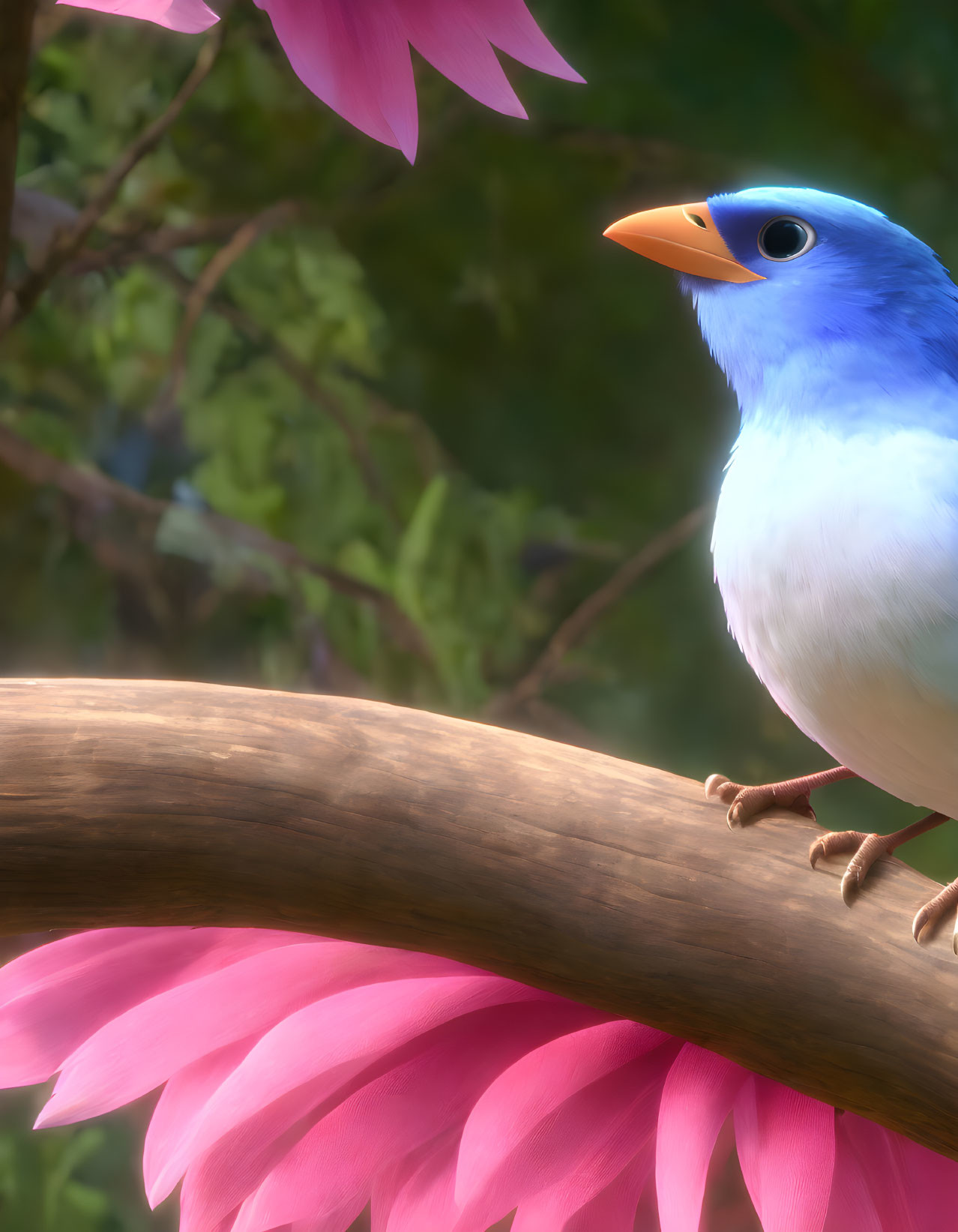 Colorful Blue Bird Perched on Branch with Pink Petals and Green Background