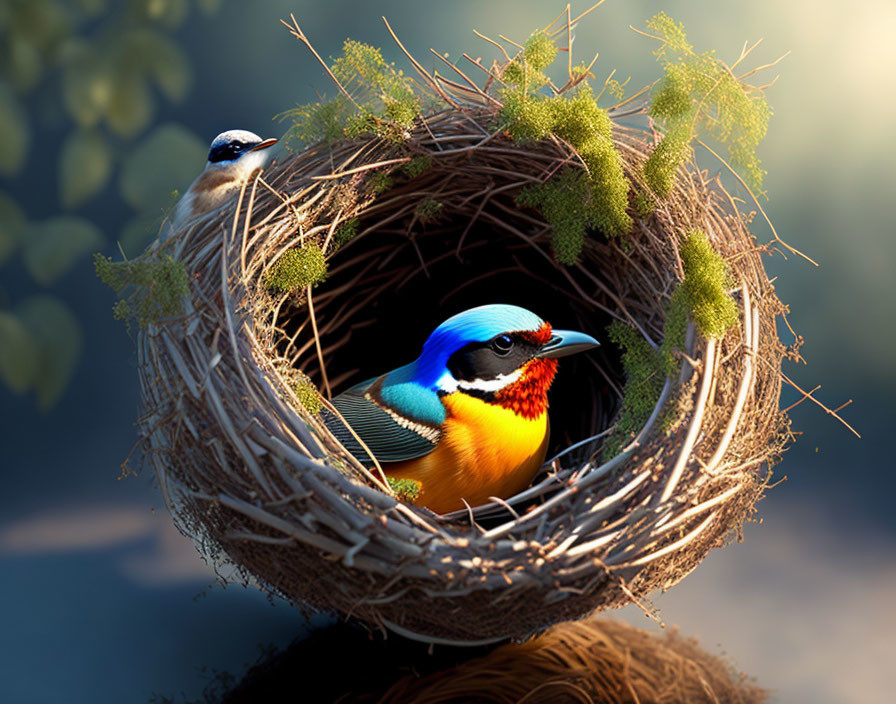 Colorful Bird with Blue, Yellow, and Red Plumage in Twisted Nest beside Blue-Head