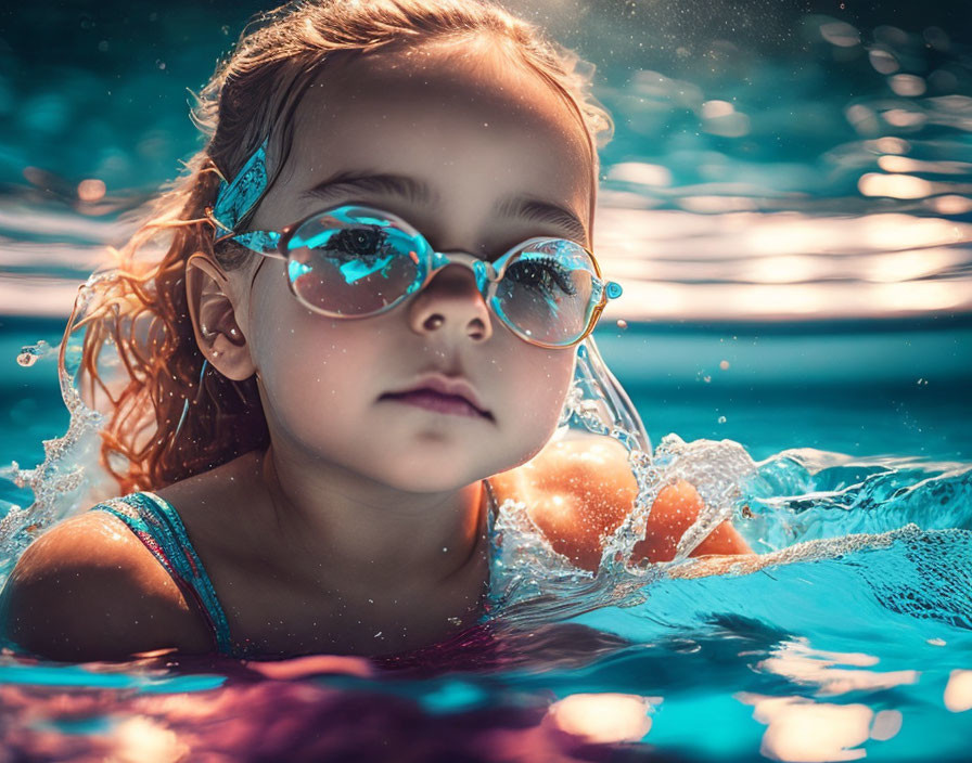 Young Girl in Reflective Goggles Emerging from Clear Blue Water