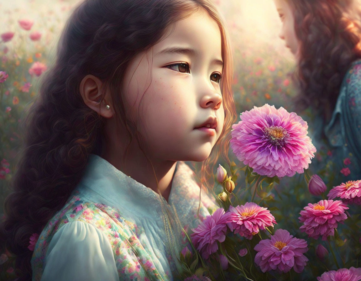 Digital art portrait of young girl in contemplative gaze among vibrant pink flowers