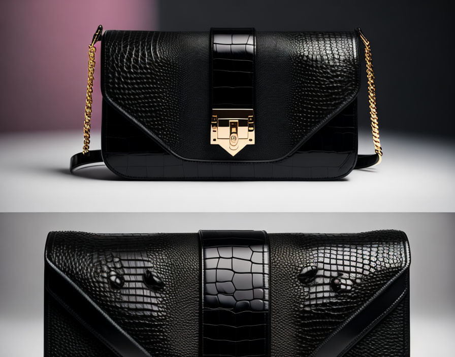 Black Leather Handbag with Gold Chain Strap and Clasp on Gradient Background