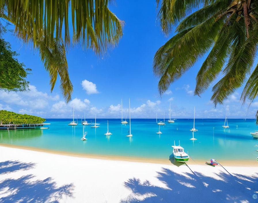 Sailboats on serene tropical beach with palm trees