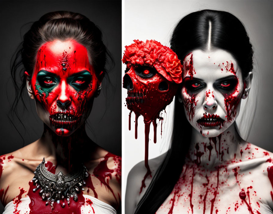 Two women with horror makeup showcasing bloody, skeletal faces and exposed brain on a dark backdrop