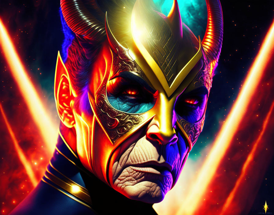 Male figure in golden armor with horns on cosmic background