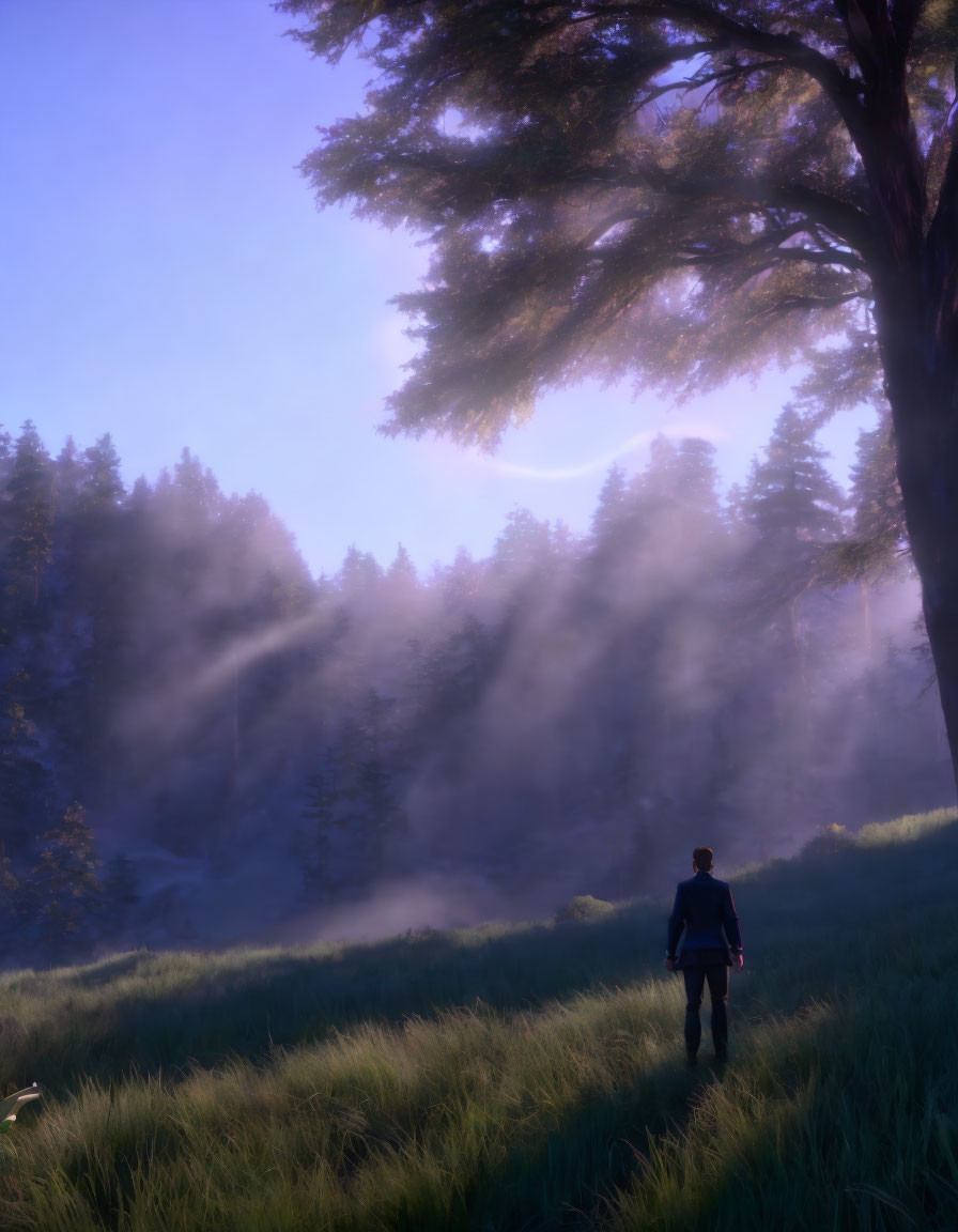 Person walking in misty forest at sunrise with sunlight filtering through trees