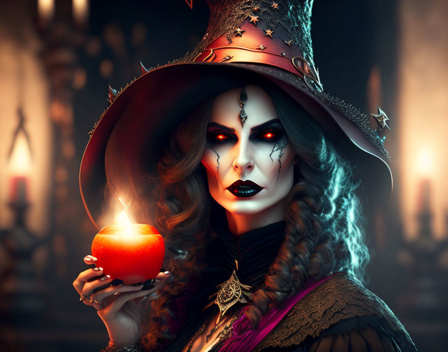 Mysterious witch with glowing candle in ambient room