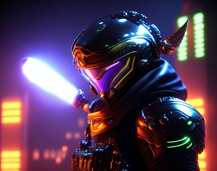 Armored figure with glowing blue blade in neon lights