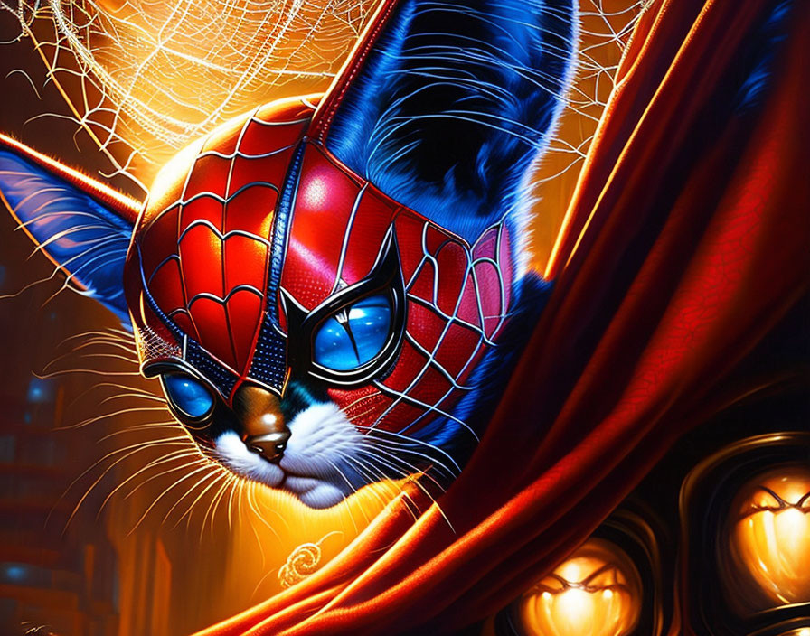 Colorful Cat in Spider-Man Mask with Red Cape in Night Cityscape