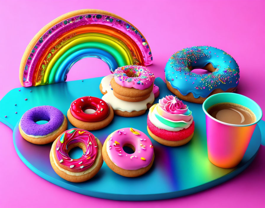 Colorful Donuts, Cupcake, Hot Beverage on Palette Plate with Rainbow on Pink Background