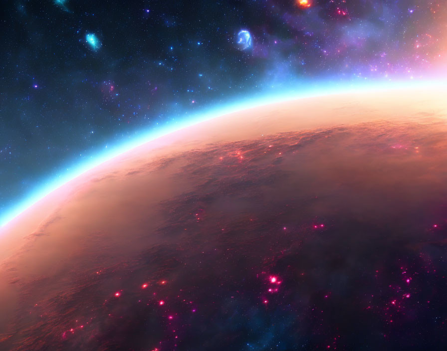 Colorful Cosmic Scene with Glowing Planet Atmosphere