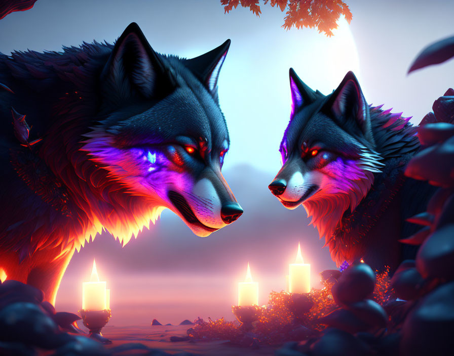 Mystical wolves with glowing eyes under full moon and candles