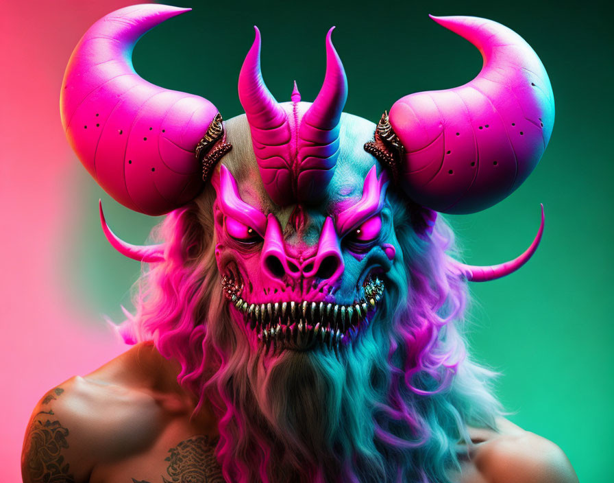 Colorful demonic mask with large horns and fangs on gradient background, person with tattooed shoulder.