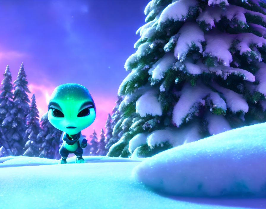 Greenish Animated Character in Snowy Twilight Landscape