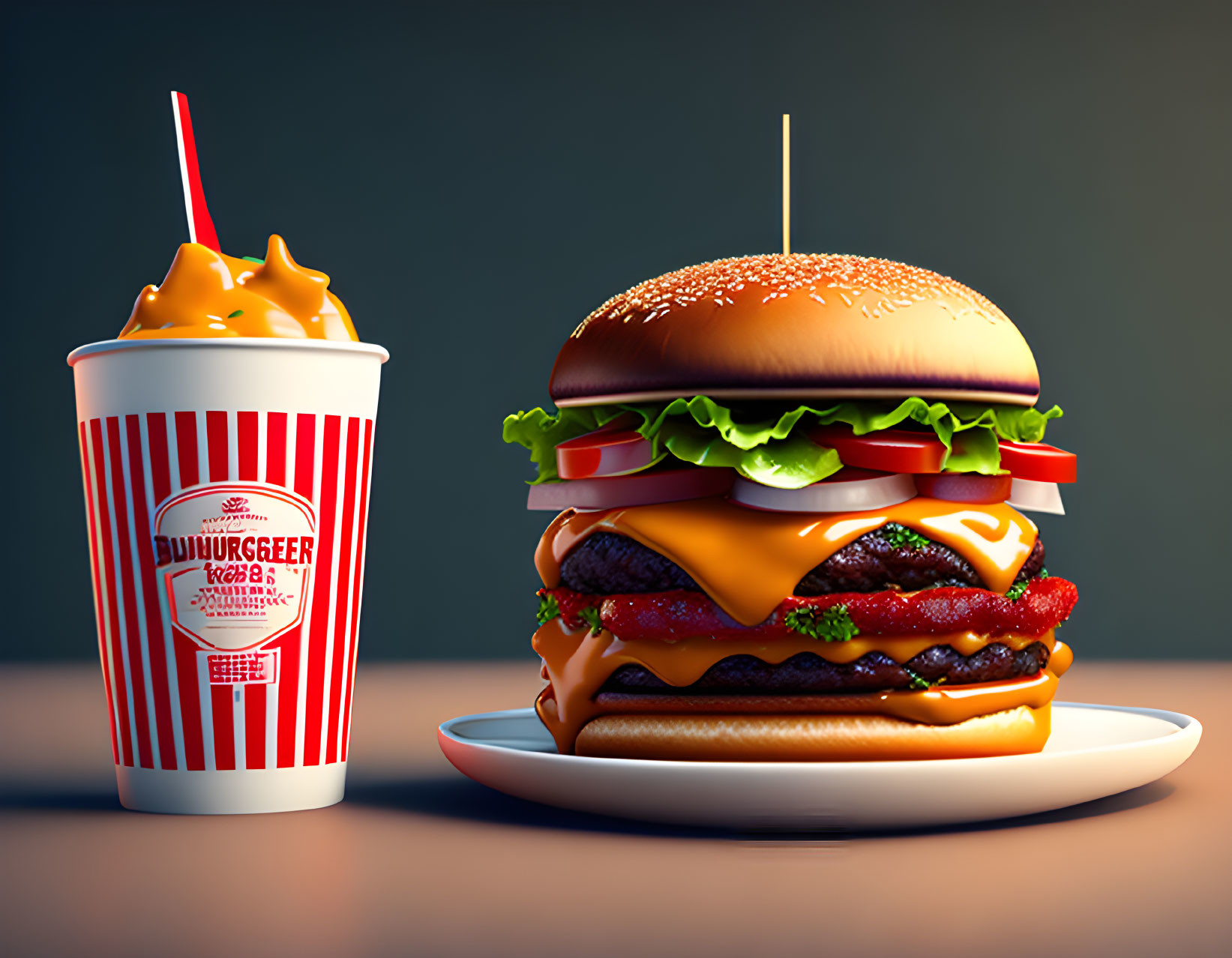 Double cheeseburger with lettuce, tomato, sauce, and soda on plain background