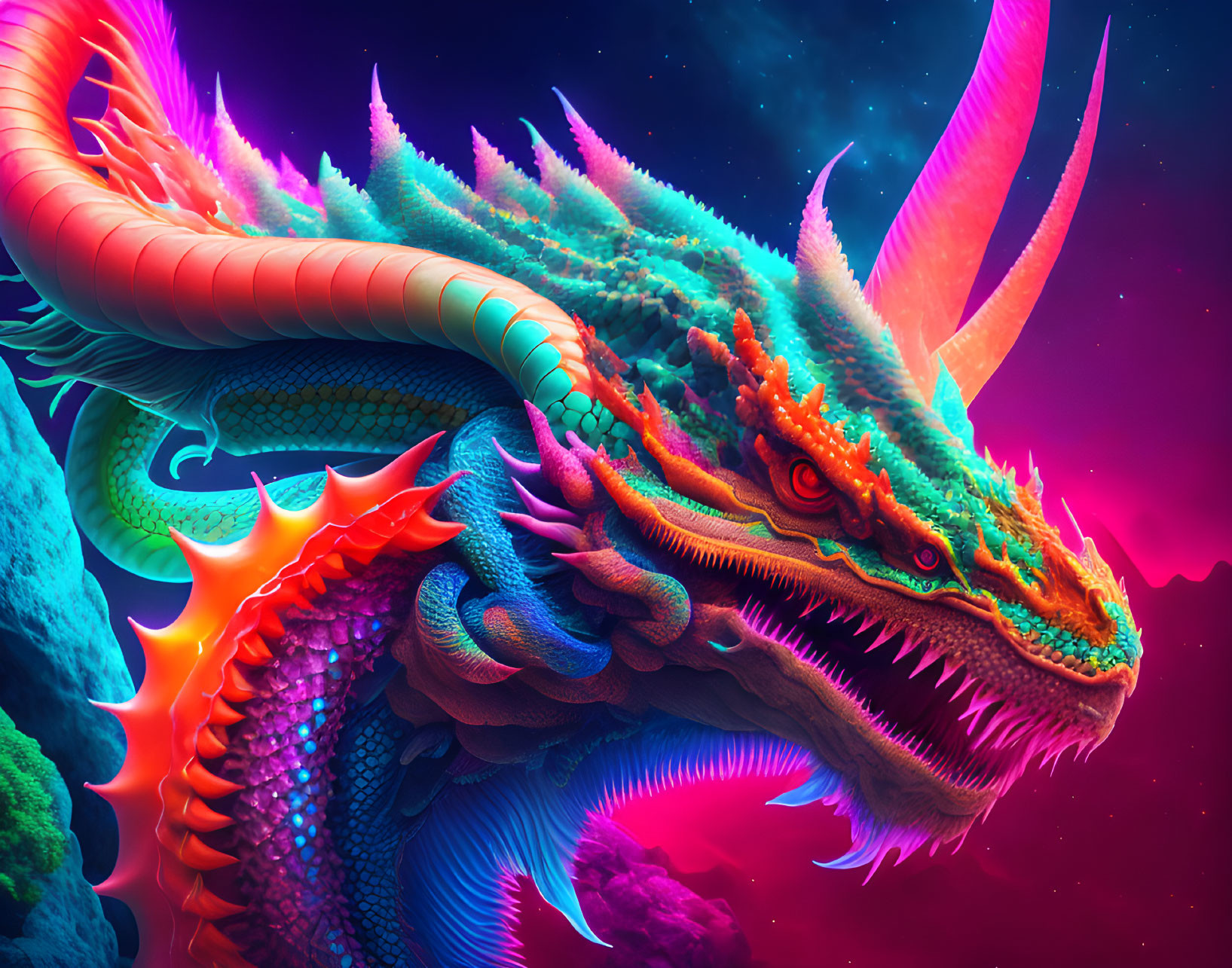 Colorful Dragon Artwork Against Cosmic Nebula Backdrop