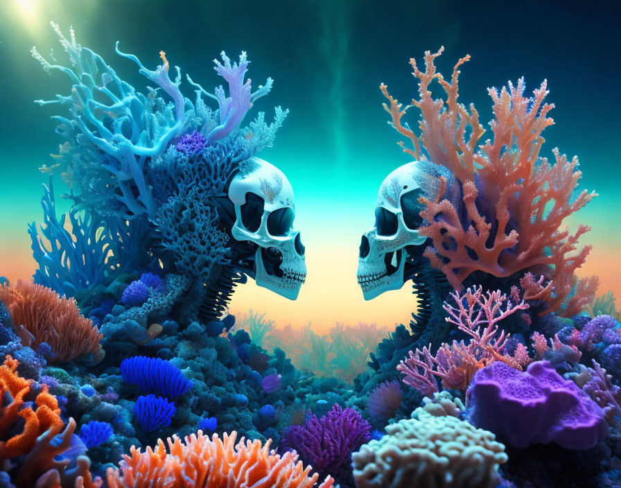 Human skulls in colorful coral reefs with green aurora light underwater