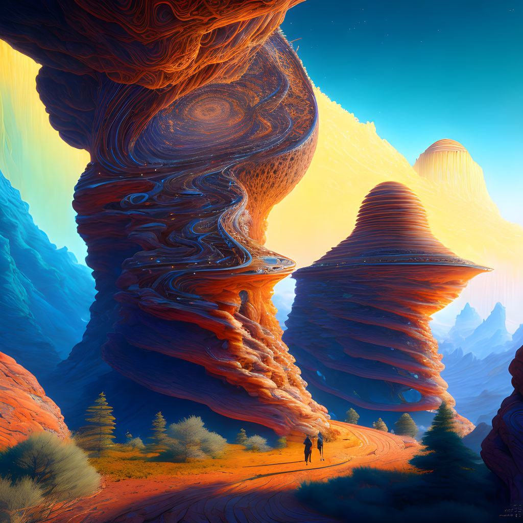 Majestic spiraled rock formations in a vibrant landscape