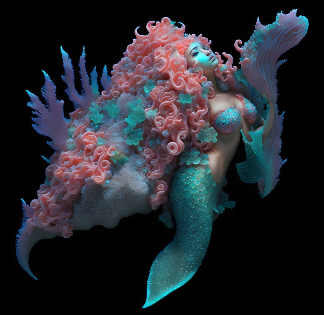 Vibrant pink-haired mermaid with intricate tail and coral adornments on dark background