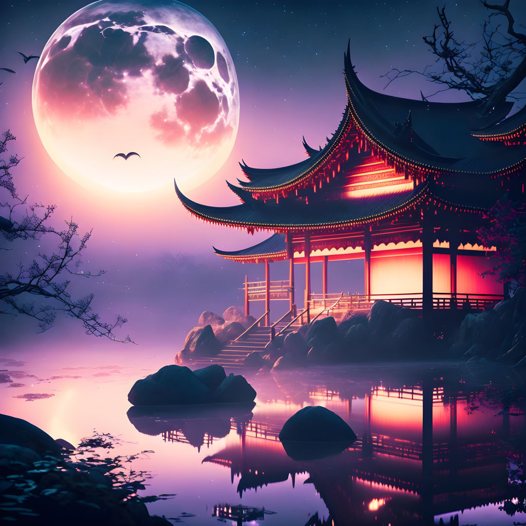 Traditional Asian Pagoda by Serene Lake Under Moonlit Sky with Bird Silhouette