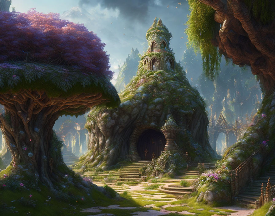 Whimsical treehouse in enchanted forest with ancient trees and mystical path.