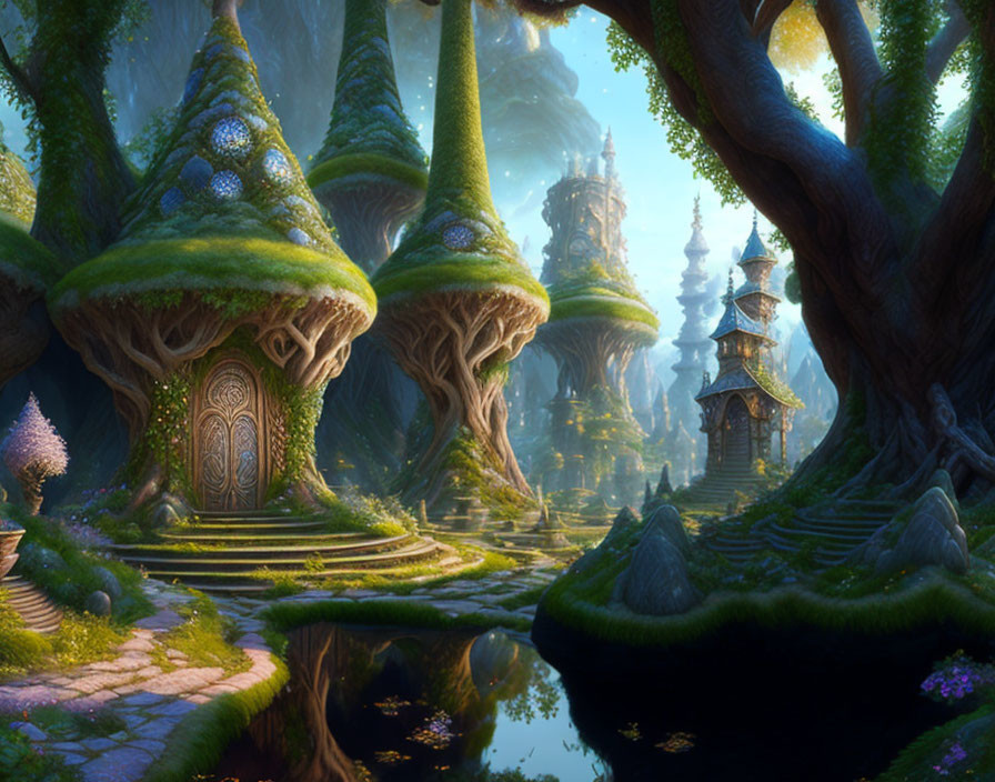 Mystical fantasy forest with towering treehouses and serene river