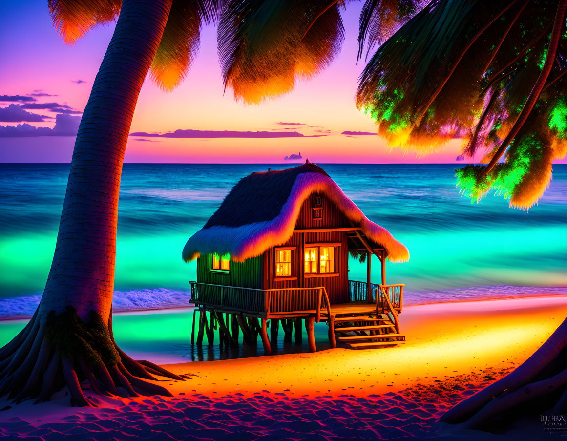 Tropical beach sunset with thatched hut, palm trees, turquoise waters