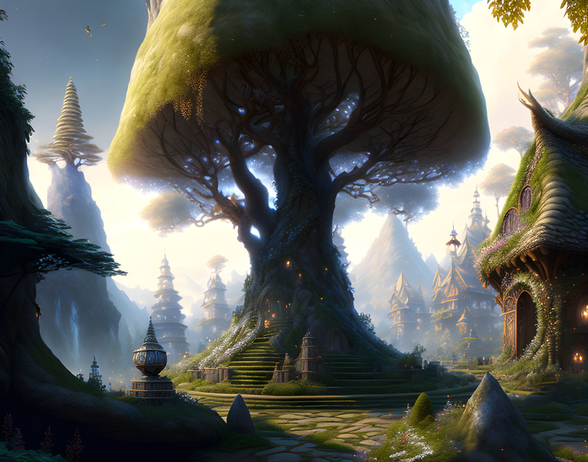 Mystical Enchanted Forest with Colossal Trees and Whimsical Houses