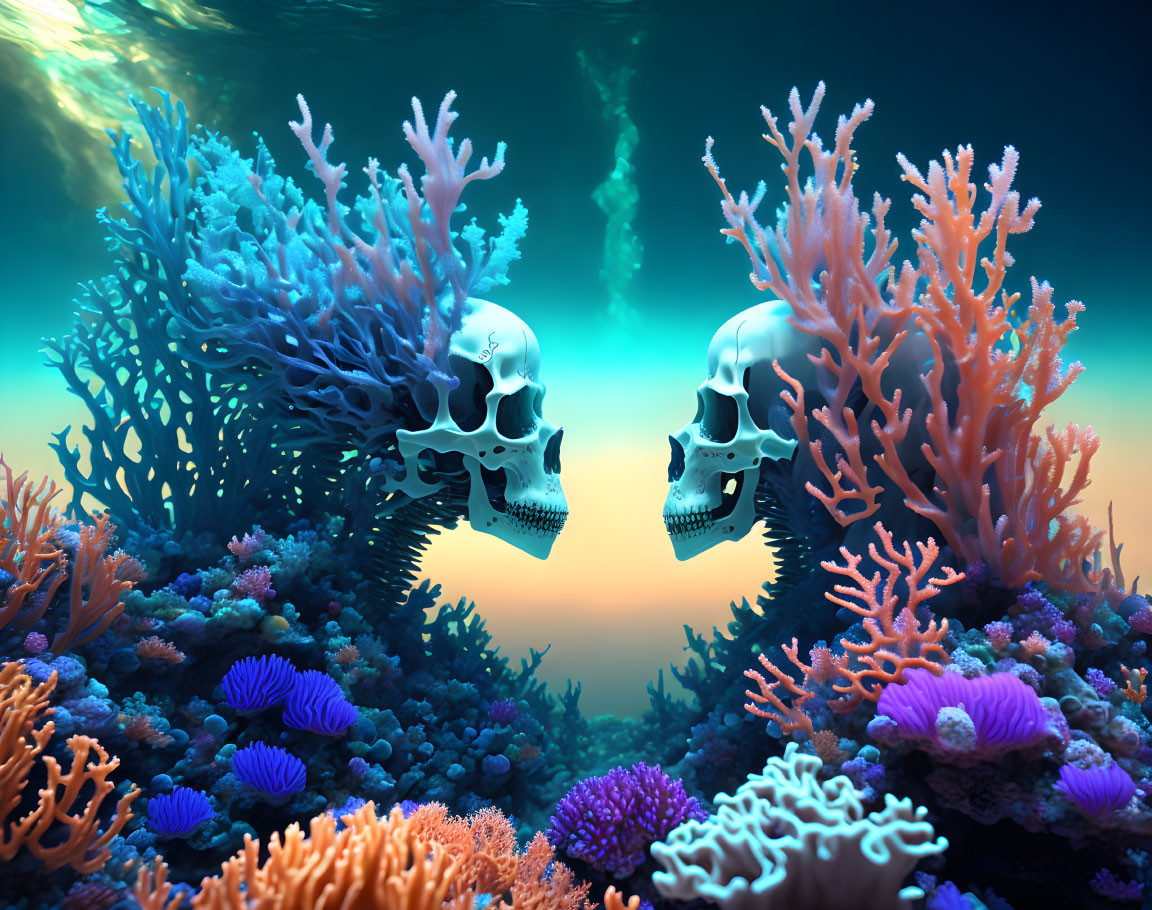 Human skulls among vibrant coral reefs in underwater scene