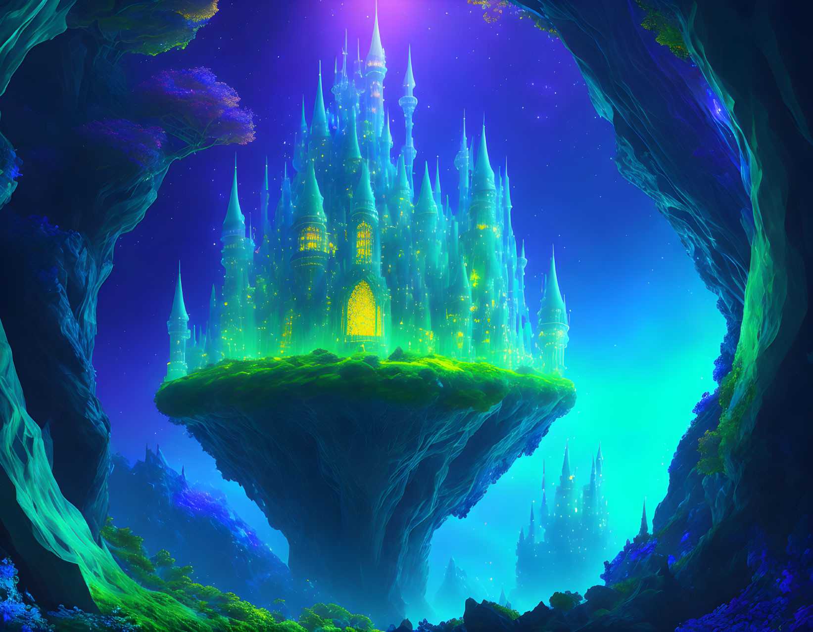 Fantastical luminous castle on floating island in starry cavern.